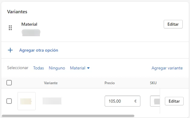 Shopify: variantes de producto